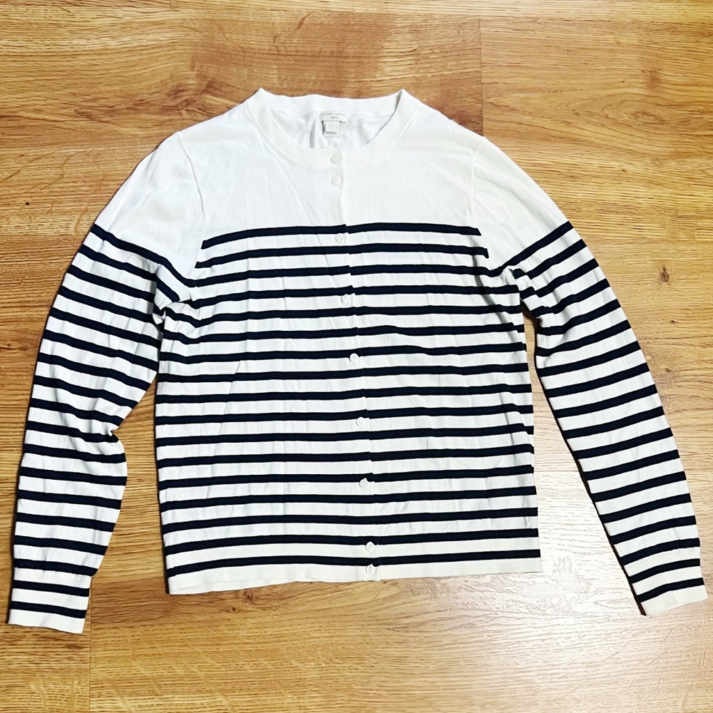 🤍 J.Crew “The Caryn Cardigan” Striped Button-Front Sweater | Size L 🤍